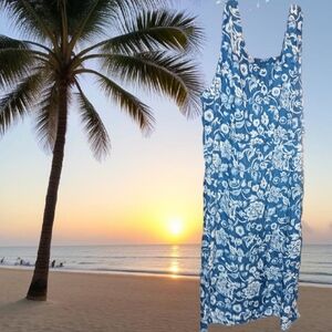Vintage Batik Sleeveless Rayon Dress Blue and Cream Floral Size 22